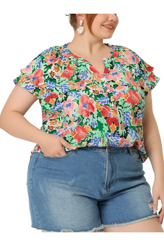 Women's Plus Size Floral Ruffle Trim V Neck Layered Sleeve Top