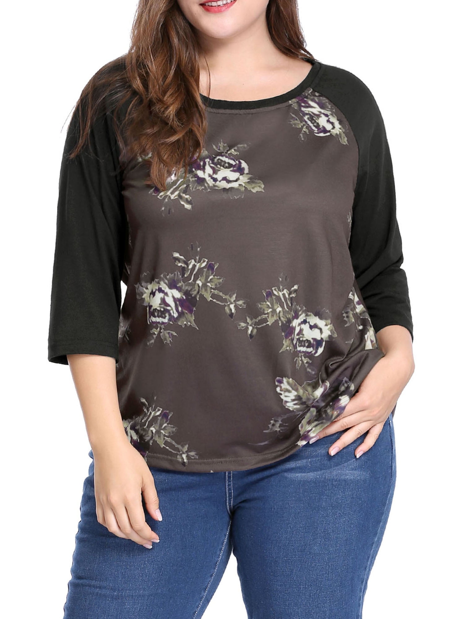 DARING DIVA Women's Plus Size Raglan Crewneck 3/4 Sleeve Floral Tunic Tee 1X Coffe