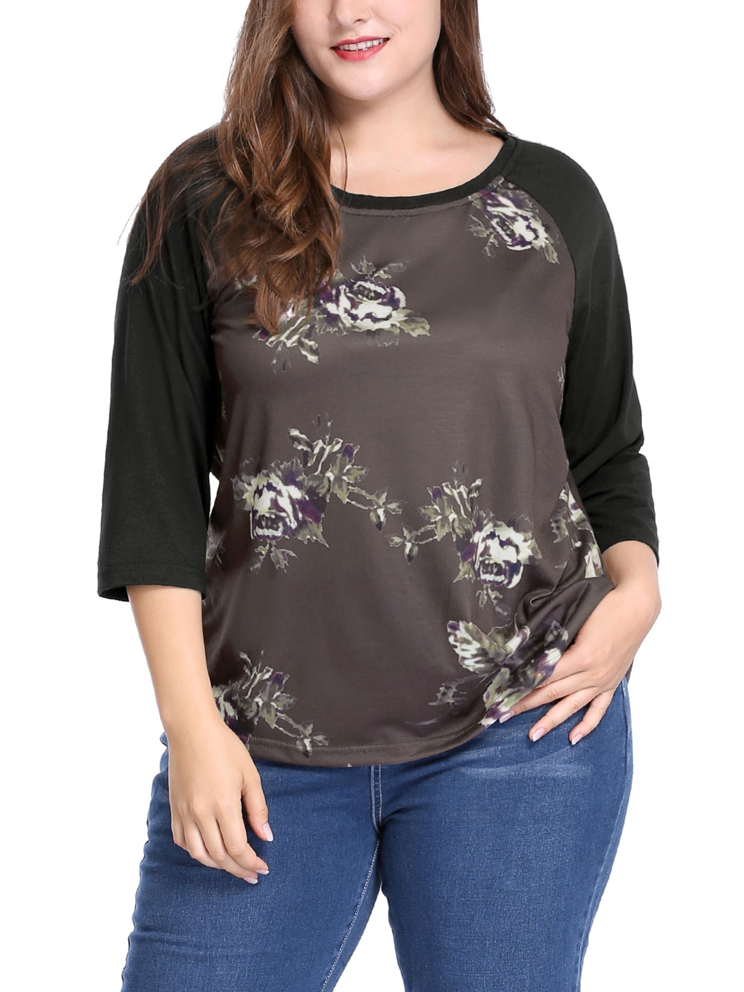 DARING DIVA Women's Plus Size Raglan Crewneck 3/4 Sleeve Floral Tunic Tee 2X Coffe