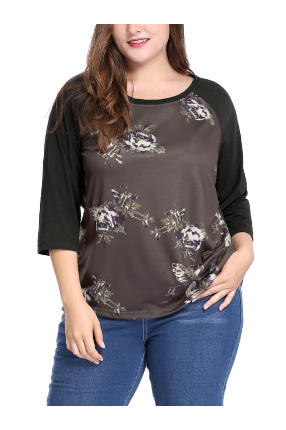 Women's Plus Size Raglan Crewneck 3/4 Sleeve Floral Tunic Tee 2X Coffe