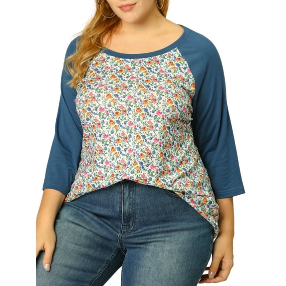 DARING DIVA Women's Plus Floral Tops Round Neck 3/4 Sleeves Blouse 1X Blue