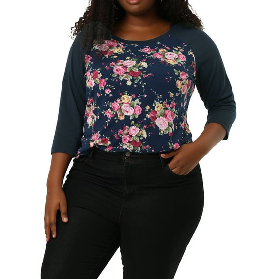 DARING DIVA Women's Plus Floral Tops Round Neck 3/4 Sleeves Blouse 2X Navy Blue