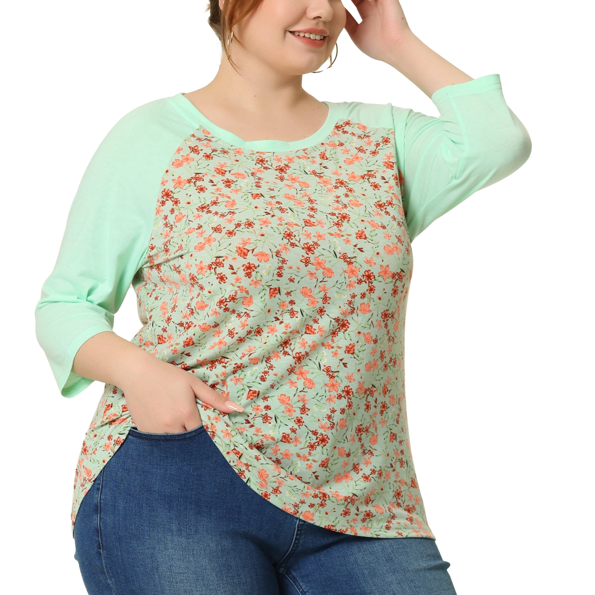 DARING DIVA Women's Plus Size Raglan Crewneck 3/4 Sleeve Floral Tunic Tee 2X Green