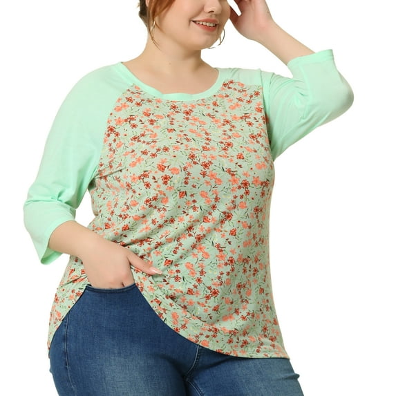 DARING DIVA Women's Plus Floral Tops Round Neck 3/4 Sleeves Blouse 2X Green