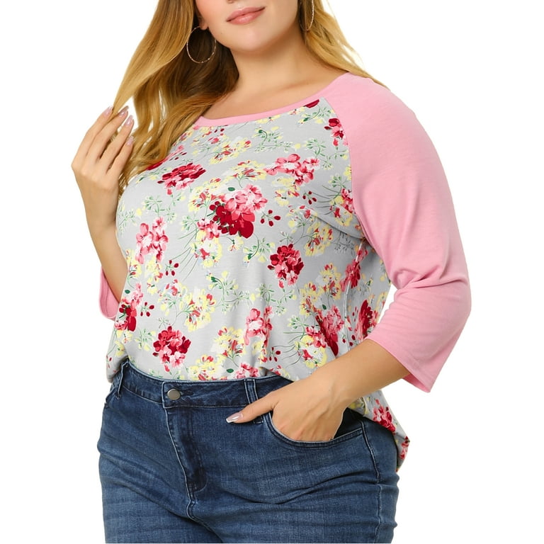 Unique Bargains Women's Plus Size Floral Tops Round Neck 3/4 Sleeves Modern  Color Blouse