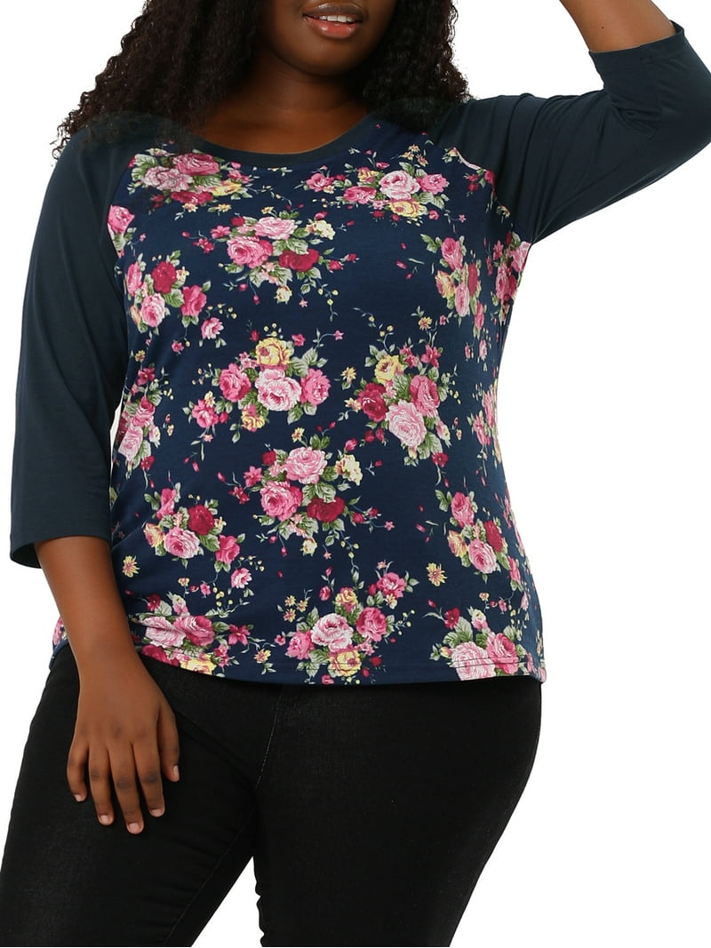 DARING DIVA Women's Plus Floral Tops Round Neck 3/4 Sleeves Blouse