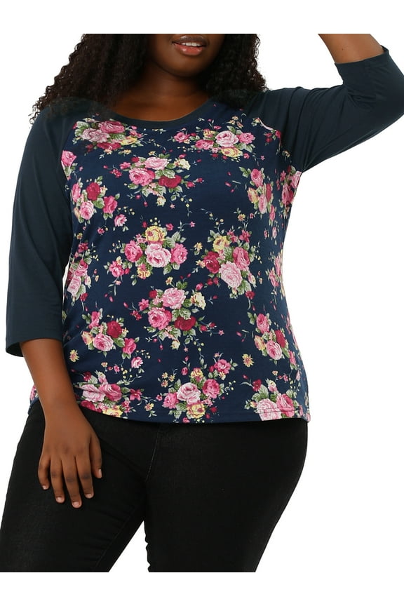 Women's Plus Floral Tops Round Neck 3/4 Sleeves Blouse 3X Navy Blue