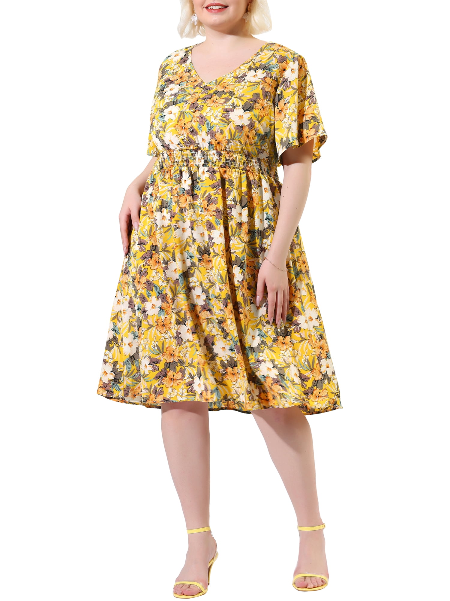 DARING DIVA Plus Size Floral V Neck Flare Sleeve Casual Midi Dress 1X Yellow