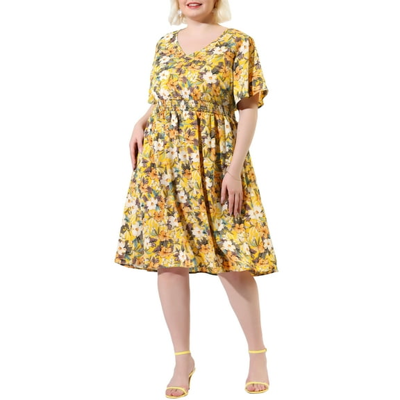 DARING DIVA Plus Size Floral V Neck Flare Sleeve Casual Midi Dress 1X Yellow