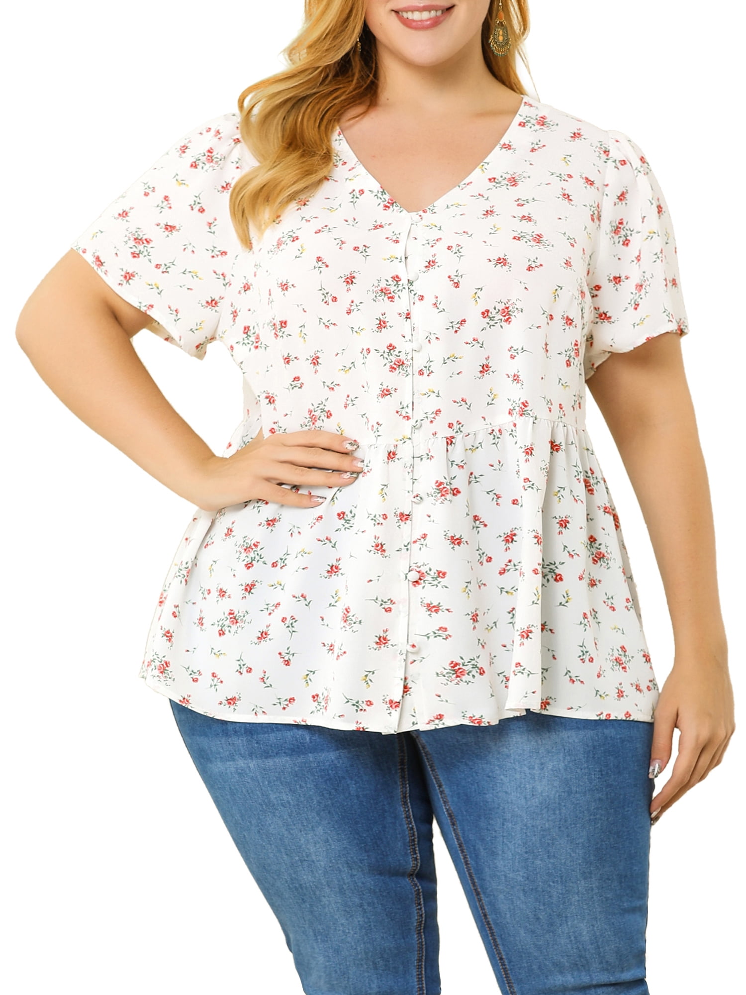 DARING DIVA Women's Plus Floral V Neck Short Sleeve Peplum Top 2X White