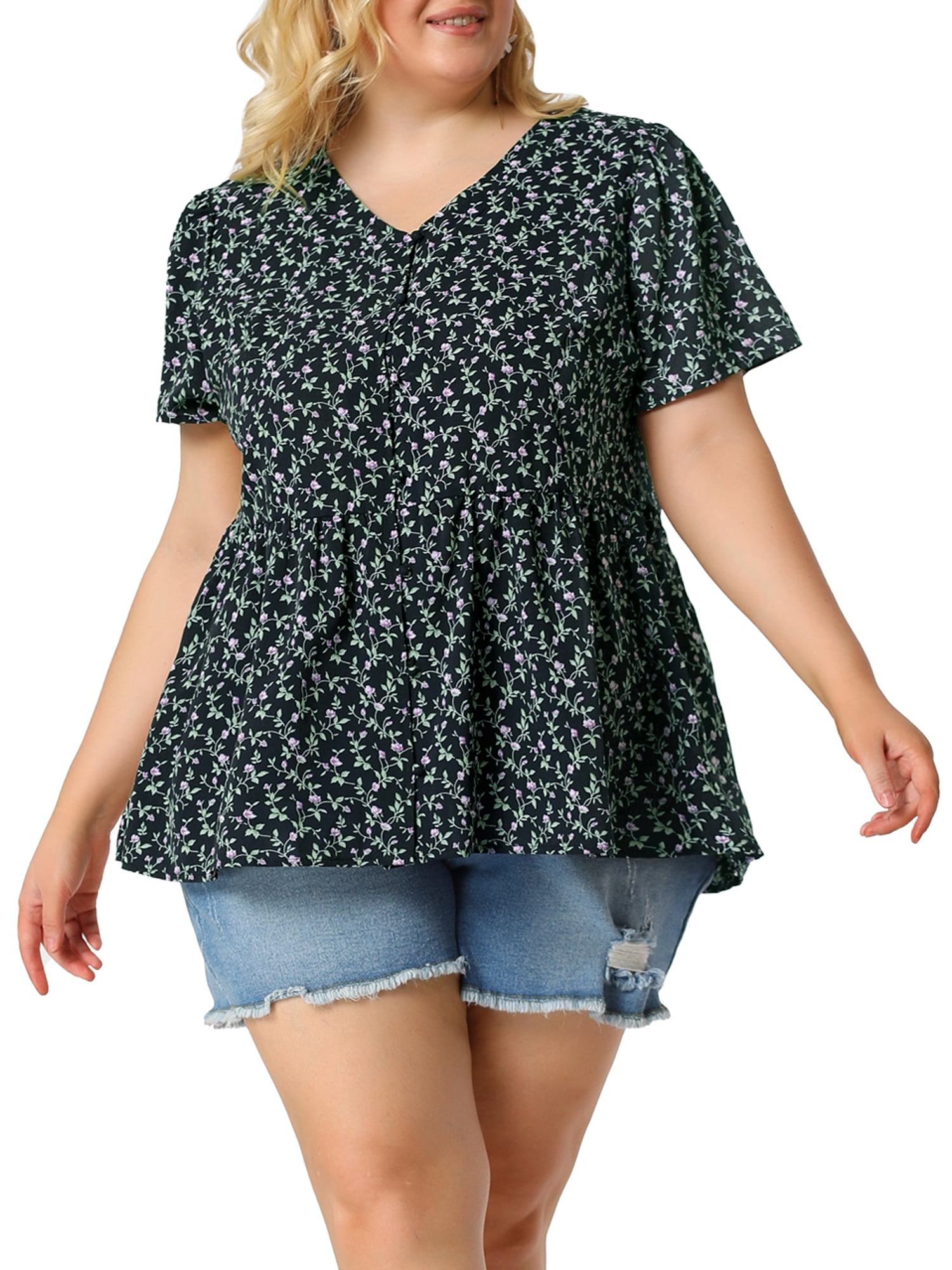 DARING DIVA Women's Plus Floral V Neck Short Sleeve Peplum Top 3X Navy