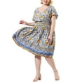 thumbnail image 1 of Unique Bargains Women's Plus Size Floral V Neck Smock Waist Bohemian Midi Dresses 1X Beige, 1 of 7