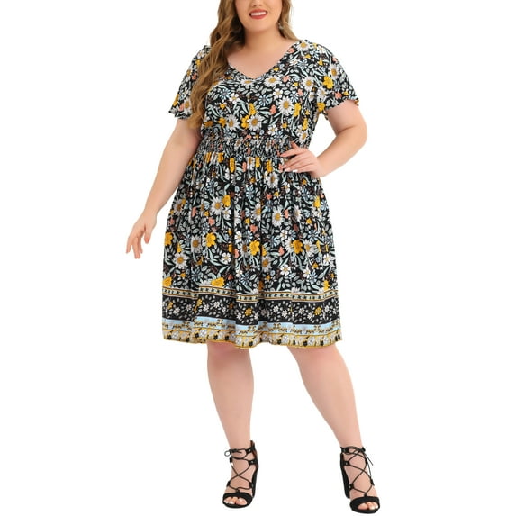 Unique Bargains Women's Plus Size Floral V Neck Smock Waist Bohemian Midi Dresses 2X Black