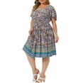 thumbnail image 1 of Unique Bargains Women's Plus Size Floral V Neck Smock Waist Bohemian Midi Dresses 4X Pink, 1 of 6