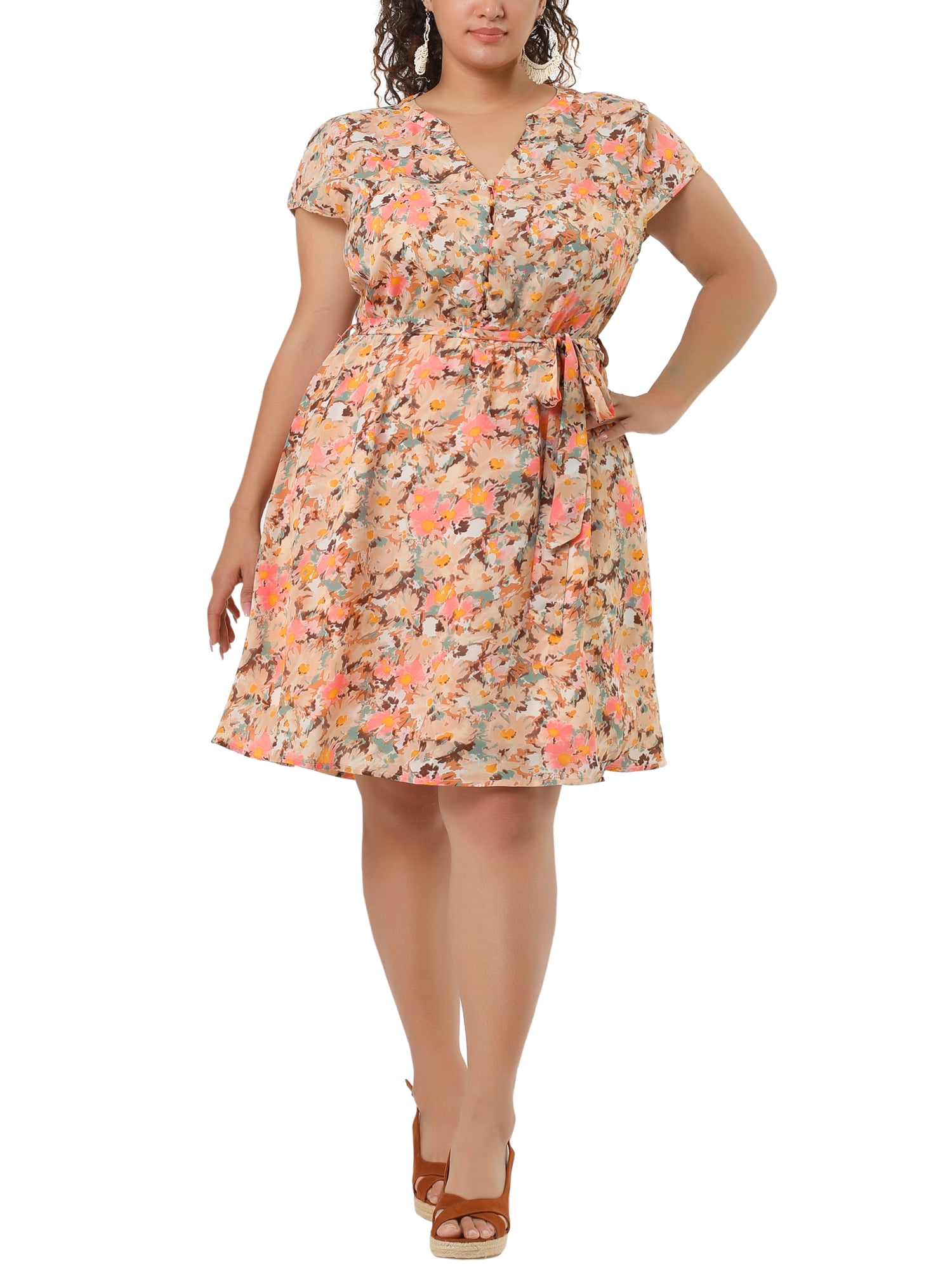 DARING DIVA  Plus Size Floral V Neck Tie Belted Dress 2X Pink