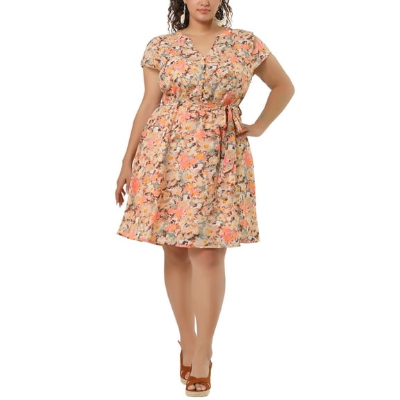 DARING DIVA  Plus Size Floral V Neck Tie Belted Dress 2X Pink