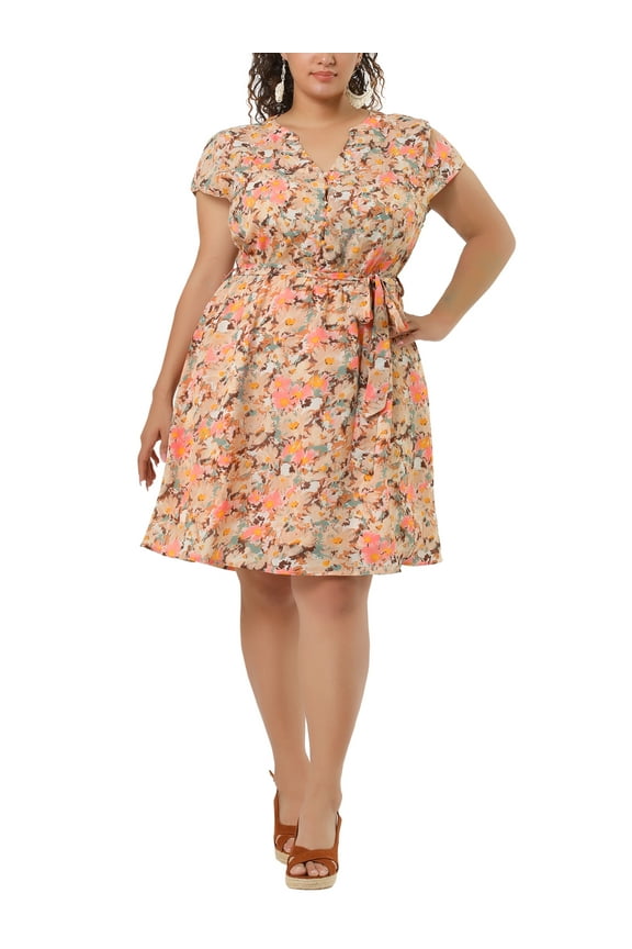DARING DIVA Plus Size Floral V Neck Tie Belted Dress 2X Pink