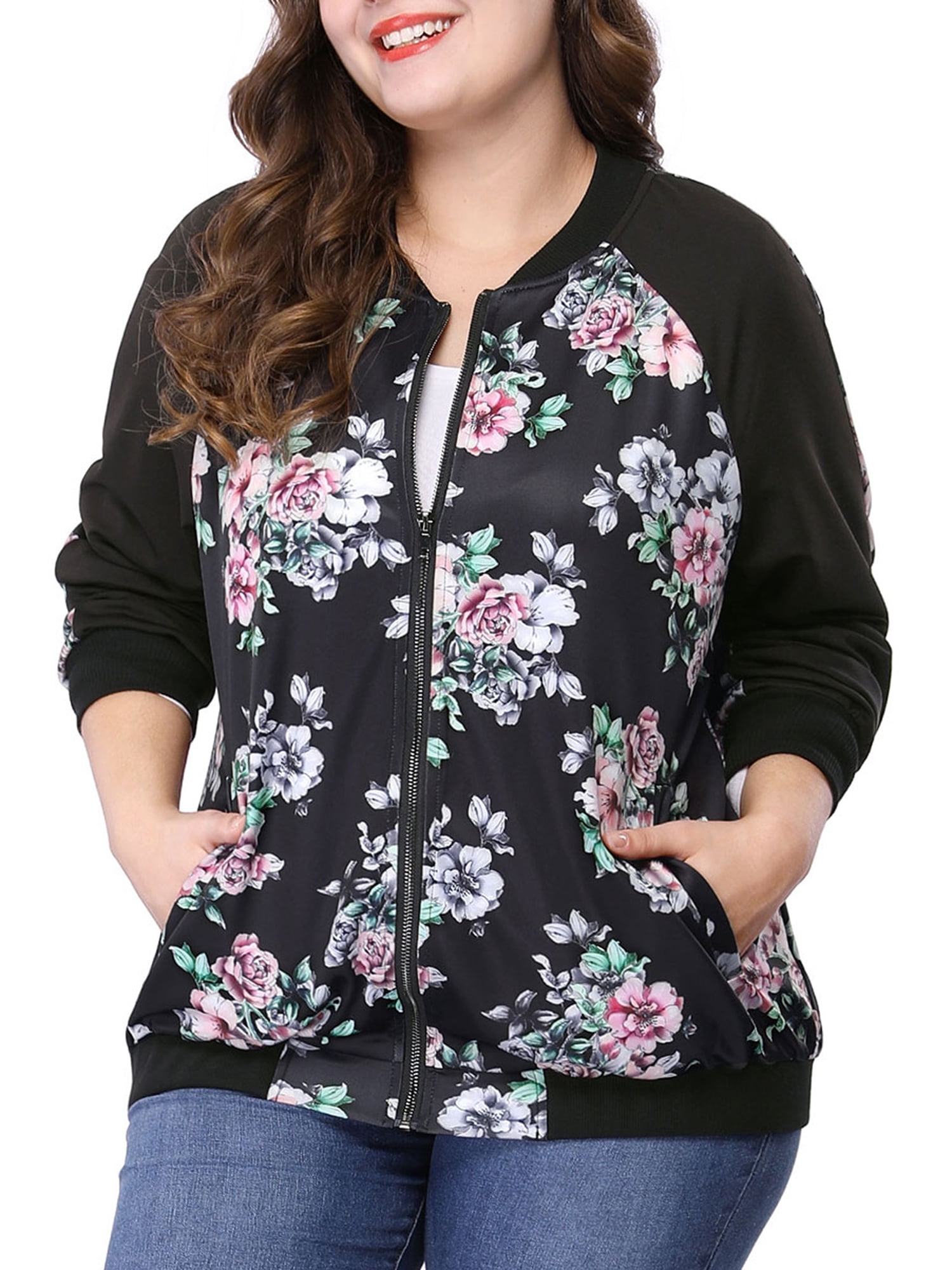 Unique Bargains Women s Plus Size Floral Zipper Raglan Sleeves Bomber Jacket 1X Black Walmart