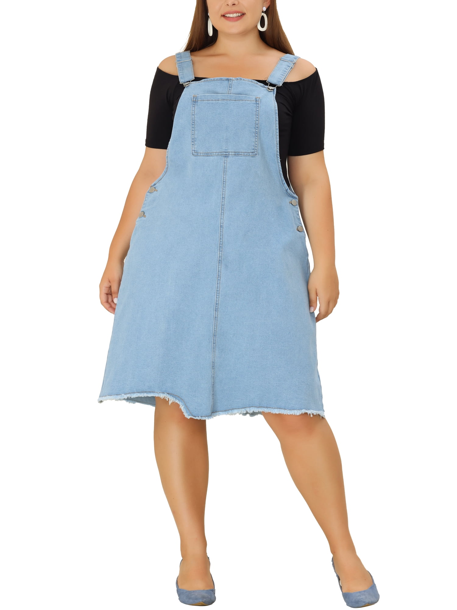 Unique Bargains Women's Plus Size Frayed Adjustable Strap Denim Dress 