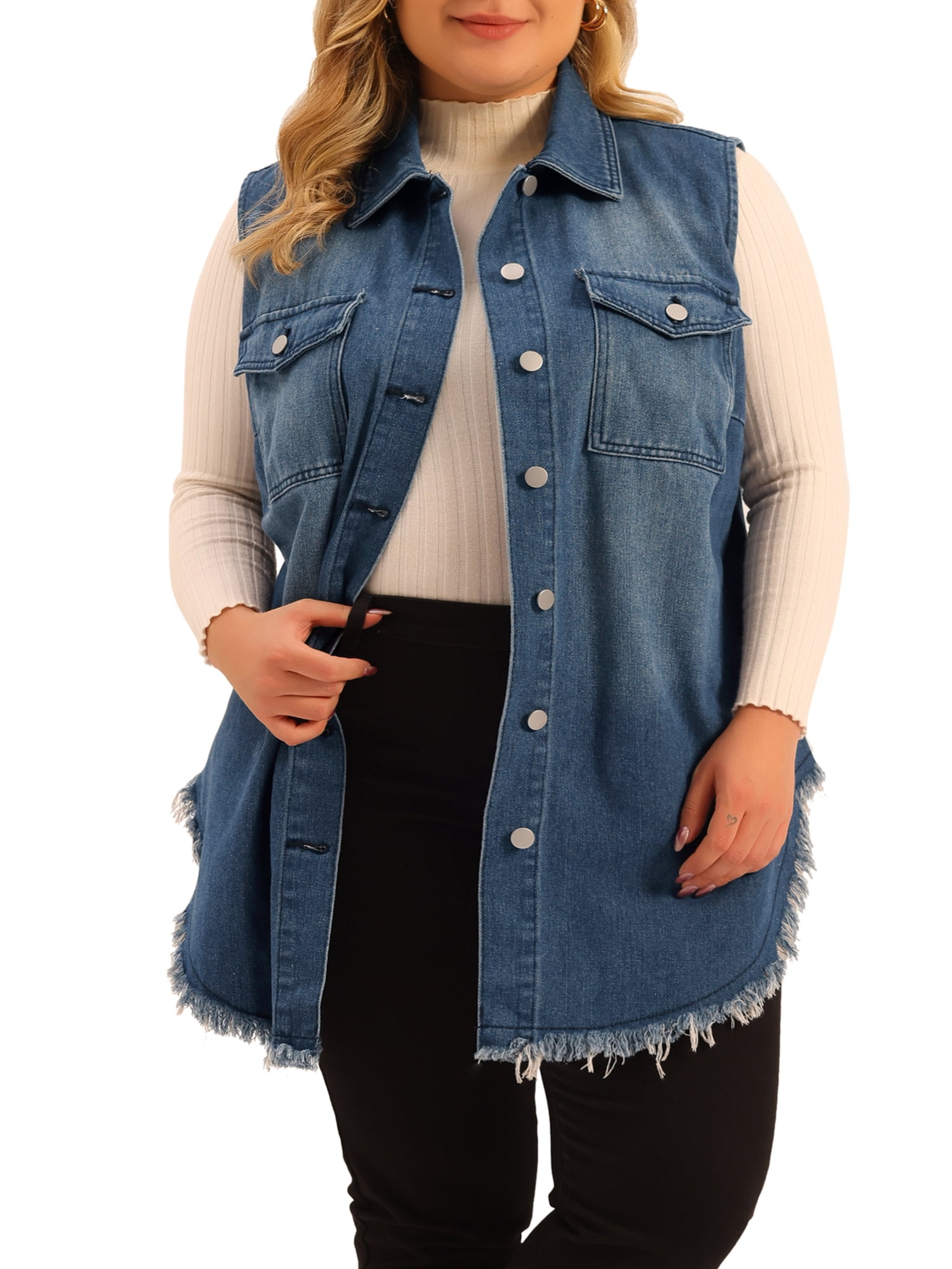 Unique Bargains Women s Plus Size Frayed Hem Shacket Pockets Denim Jean Jacket Vest