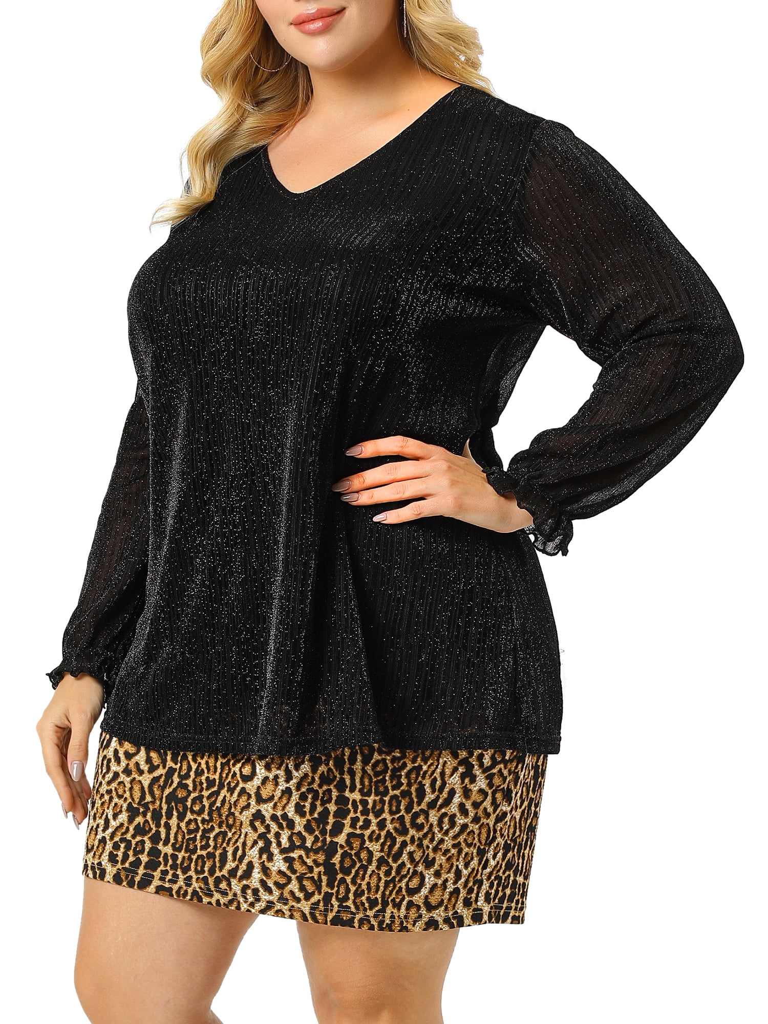 Unique Bargains Women's Plus Size Glitter Sparkle V Neck Metallic Party Sequin Blouse 2X Black