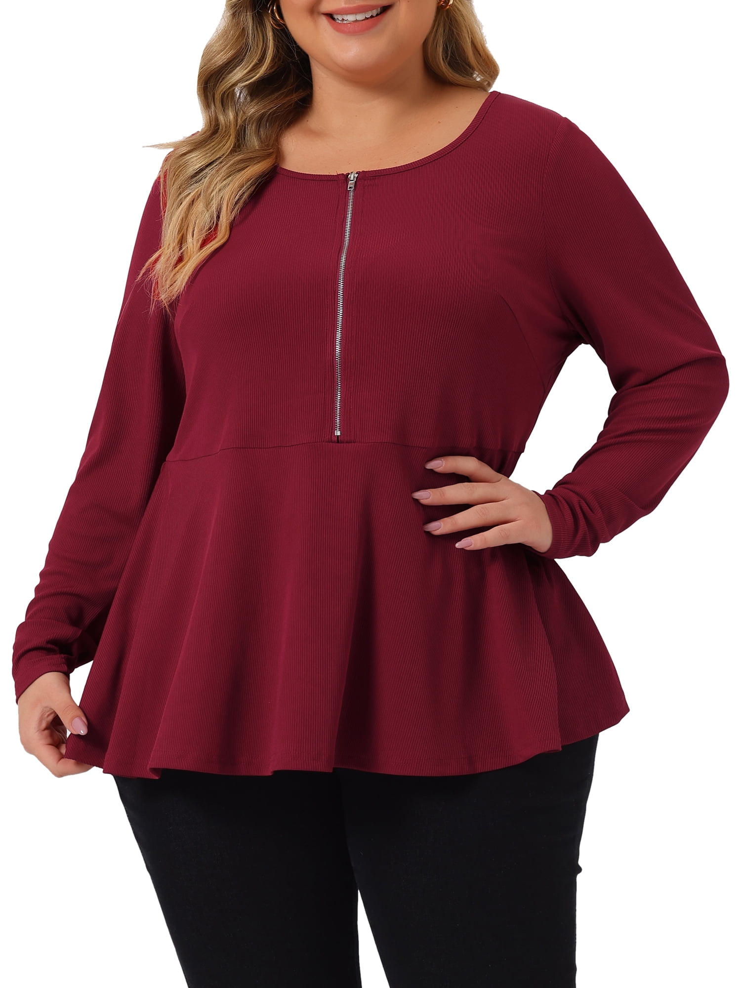 Unique Bargains Women's Plus Size Half Zip Up Short Sleeve Ruffle Shirts Blouses 1X Burgundy