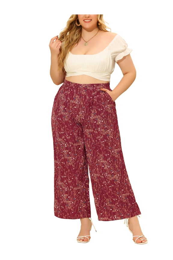 Women's Plus Palazzo High Waist Wide Leg Pant with Pockets 2X Red