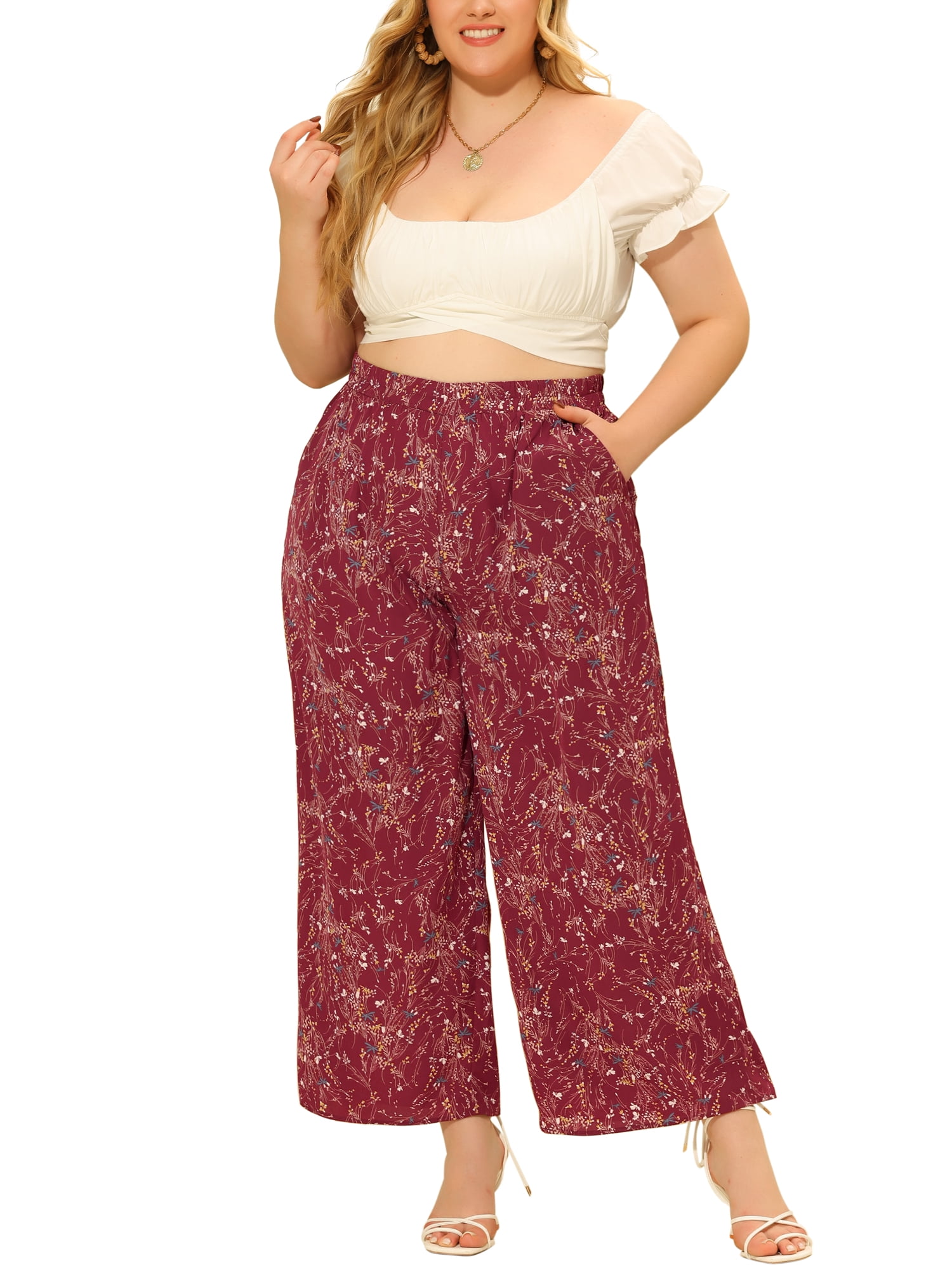 DARING DIVA Women's Plus Palazzo High Waist Wide Leg Pant with Pockets 1X Red