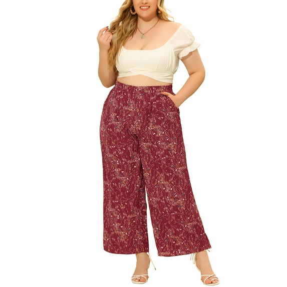 DARING DIVA Women's Plus Palazzo High Waist Wide Leg Pant with Pockets 1X Red