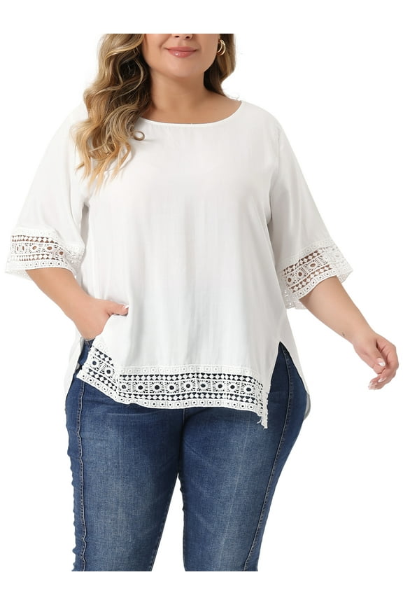 Unique Bargains Women's Plus Size Hollow Out Lace Crochet Crew Neck Short Sleeve T-Shirt 1X White