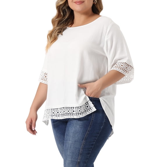 Women's Plus Summer Tops Lace Crochet Short Sleeve Casual Blouses 1X White