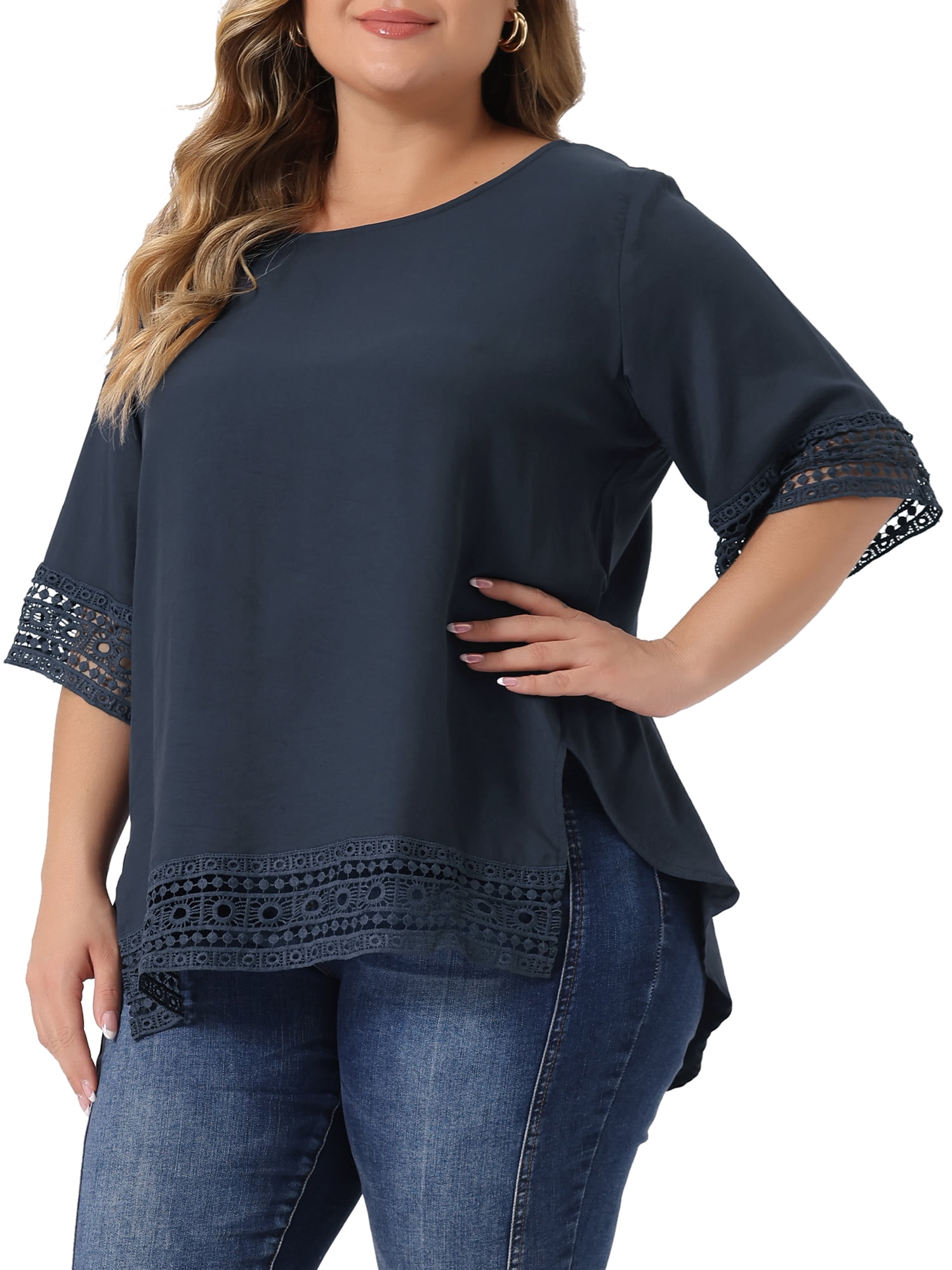 Women's Plus Summer Tops Lace Crochet Short Sleeve Casual Blouses 2X Navy Blue