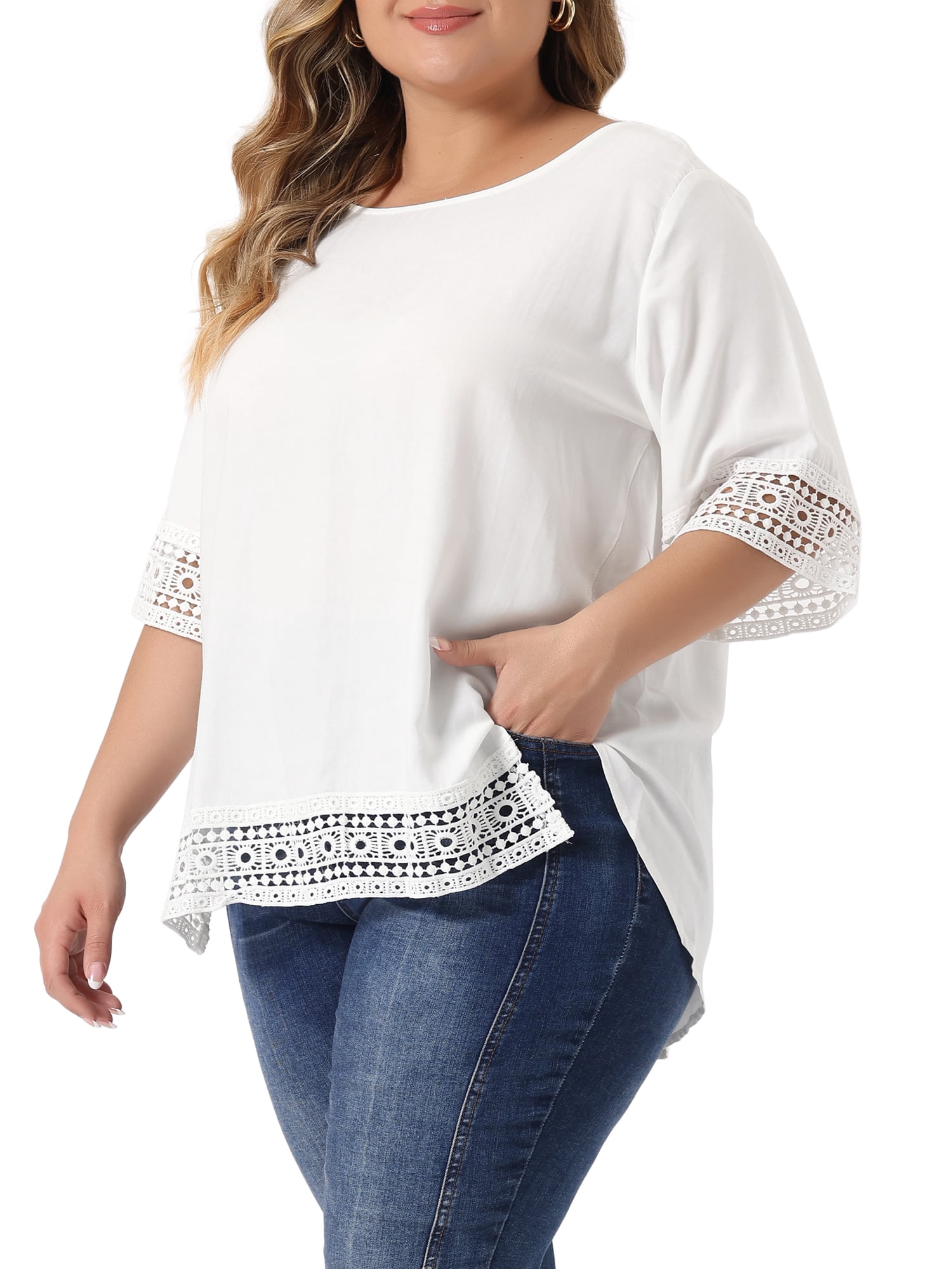 Women's Plus Summer Tops Lace Crochet Short Sleeve Casual Blouses 3X White