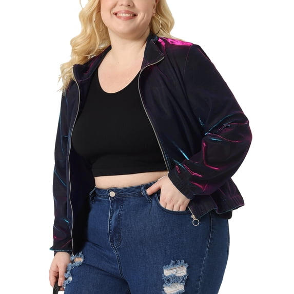 DARING DIVA Plus Size Holographic Long Sleeve Zip Up Mesh Jackets 1X Blue Purple