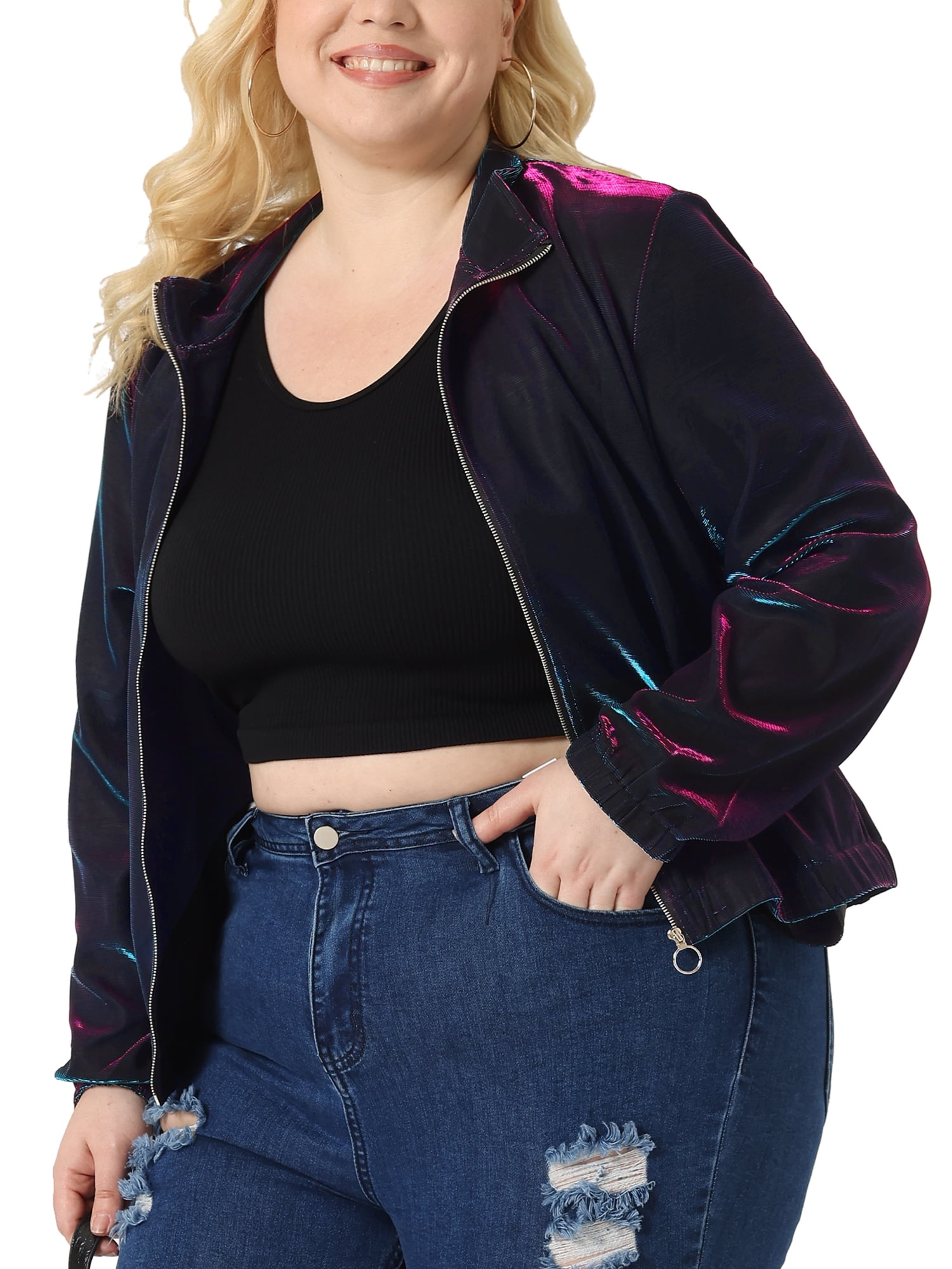 DARING DIVA Plus Size Holographic Long Sleeve Zip Up Mesh Jackets 2X Blue Purple