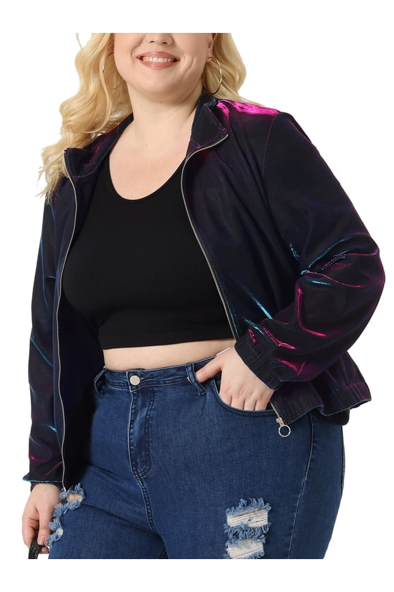Plus Size Holographic Long Sleeve Zip Up Mesh Jackets 2X Blue Purple