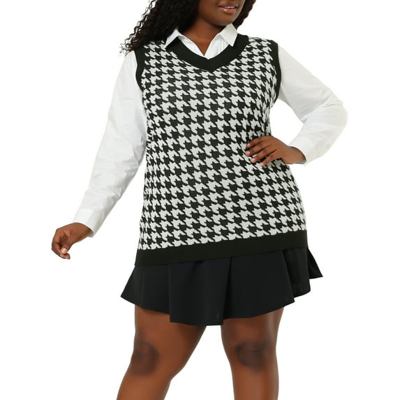 Unique Bargains Women's Plus Size Houndstooth V Neck Loose Vest Sweaters 1X Black White