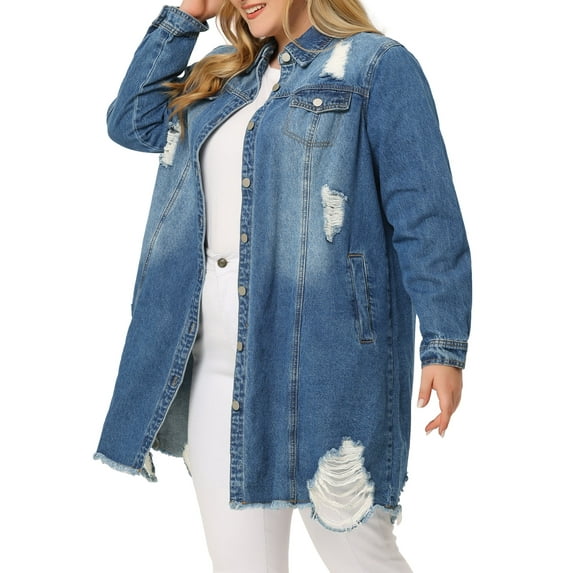 Unique Bargains Women's Plus Size Jean Distressed Fray Hem Trucker Denim Jackets