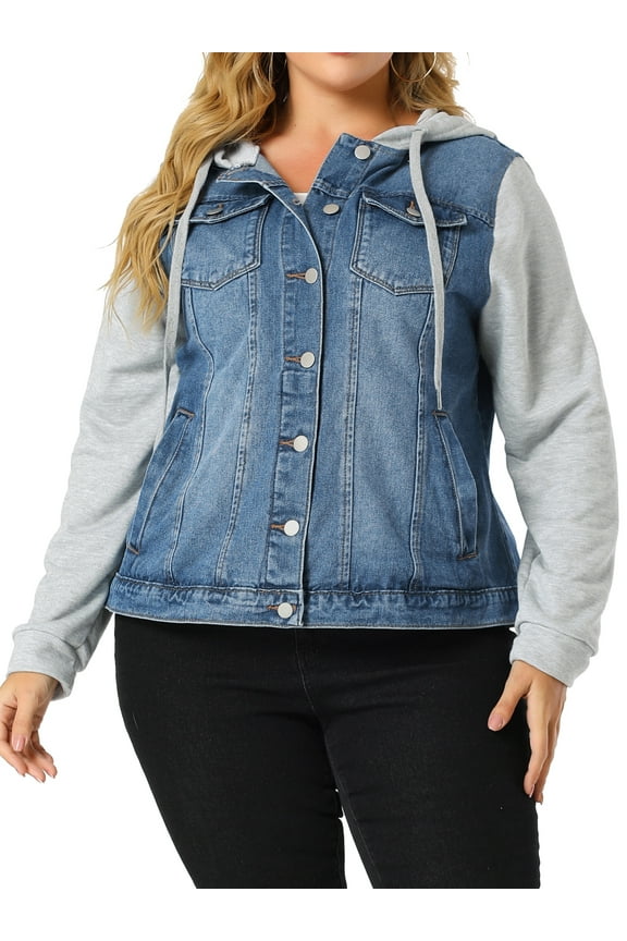 Women's Plus Size Jean Drawstring Hood Denim Jacket