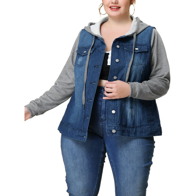 Jean jacket with hoodie plus size 2025