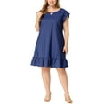 thumbnail image 1 of Unique Bargains Women's Plus Size Keyhole Ruffle Shoulder Flared Sleeveless Dress 1X Blue, 1 of 6