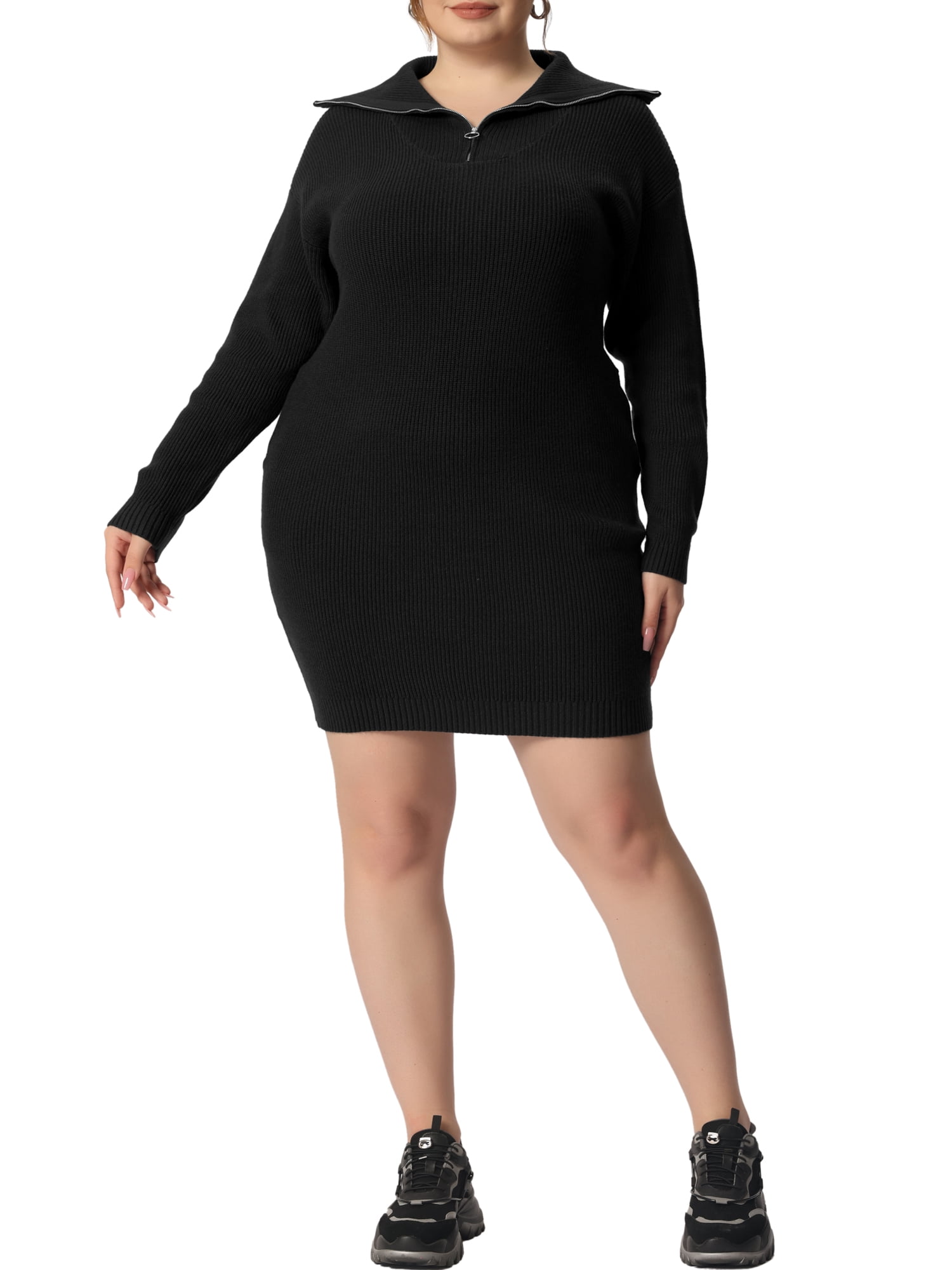Free Shipping Unique Bargains Women s Plus Size Knit Long Sleeve Zipper Collar Sweater Dresses 1X Black Walmart