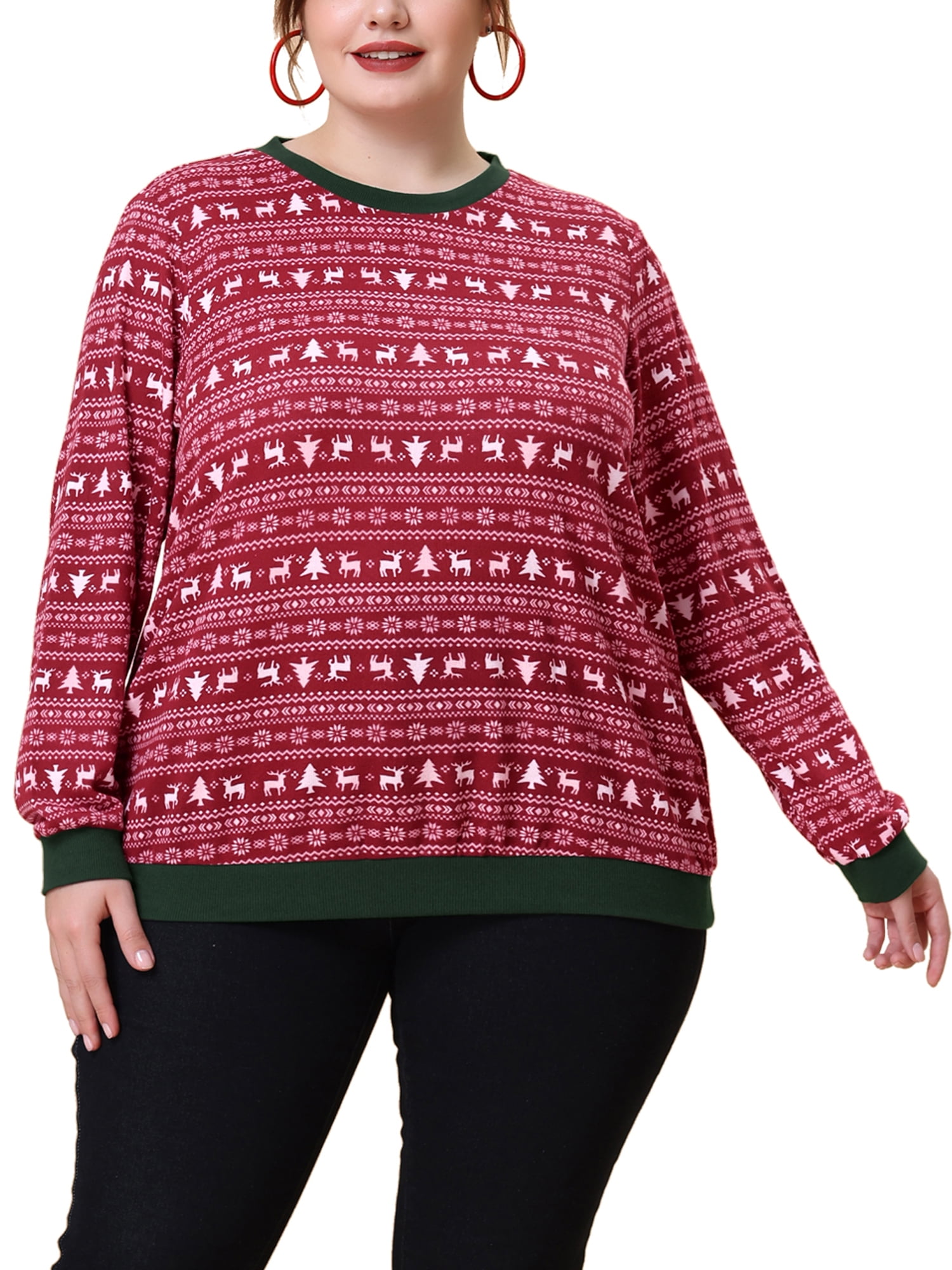 Unique Bargains Women's Plus Size Knit Top Round Neck Long Sleeve Female Xmas Blouses Red 3X