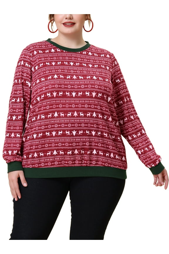 Women's Plus Size Knit Top Round Neck Long Sleeve Female Xmas Blouses Red 1X