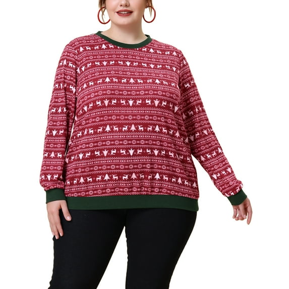 Unique Bargains Women's Plus Size Knit Top Round Neck Long Sleeve Female Xmas Blouses Red 2X