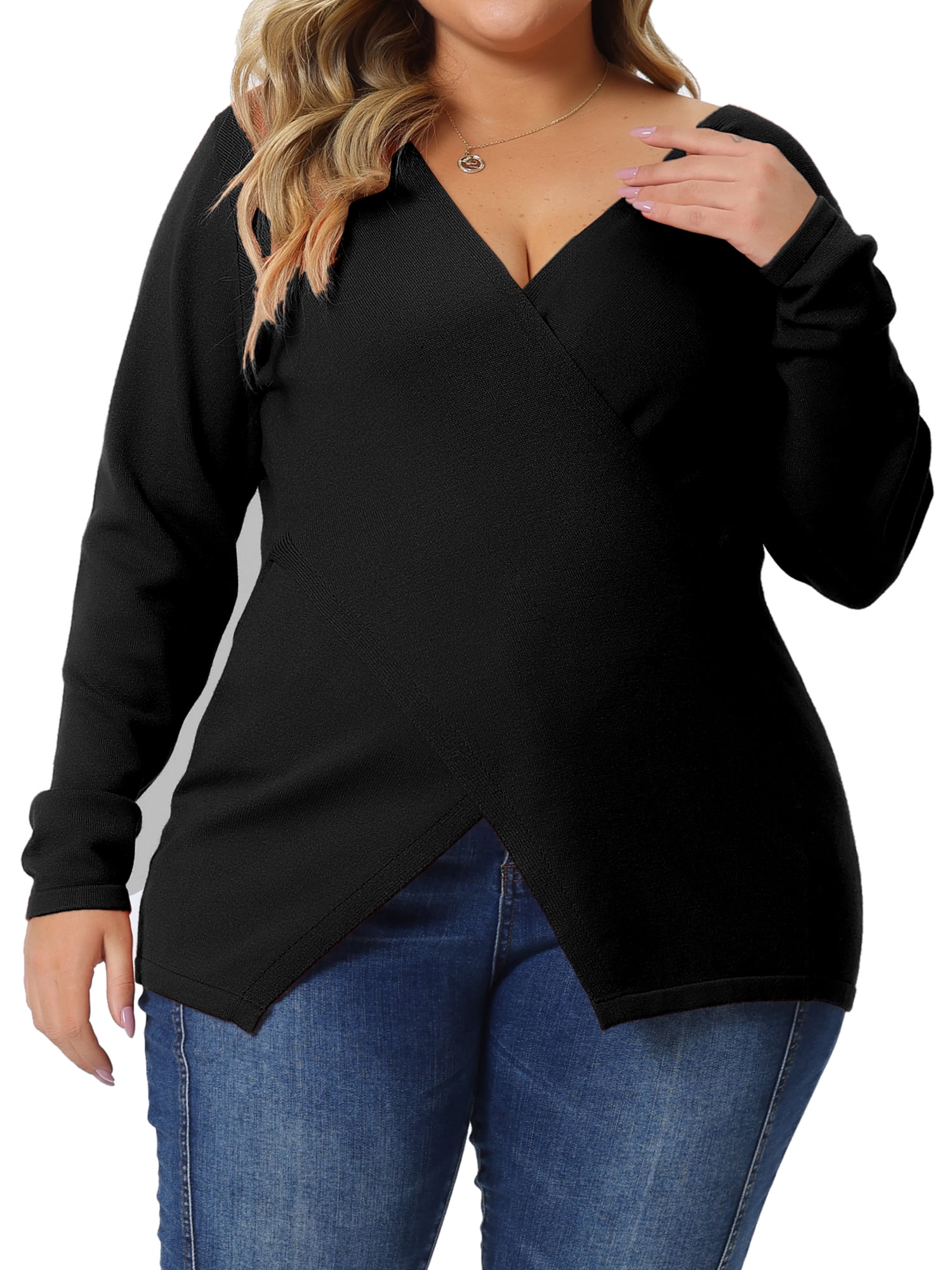 Unique Bargains Women's Plus Size Knitted Deep V Neck Wrap Criss Cross Cable Knit Sweater 1X Black