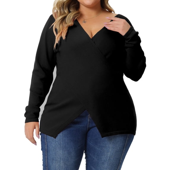Unique Bargains Women's Plus Size Knitted Deep V Neck Wrap Criss Cross Cable Knit Sweater 1X Black