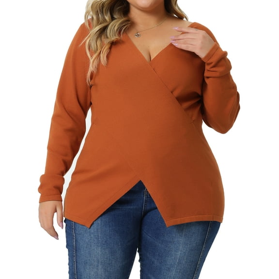 Unique Bargains Women's Plus Size Knitted Deep V Neck Wrap Criss Cross Cable Knit Sweater 2X Orange