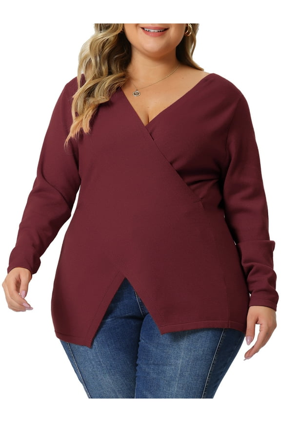Women's Plus Size Knitted Deep V Neck Wrap Criss Cross Cable Knit Sweater 2X Red