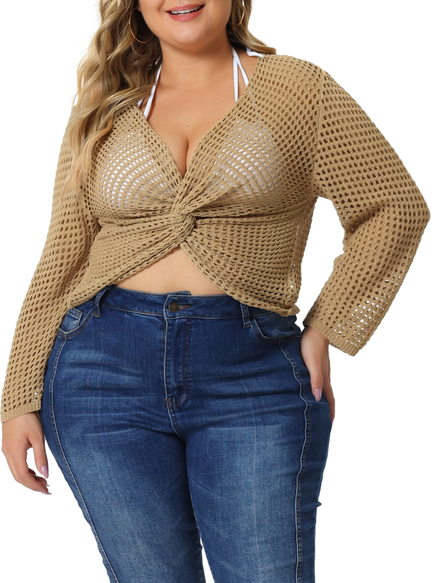 Unique Bargains Women's Plus Size Knitted V-Neck Ruched Cross Hollow Out Long Sleeve Tops 1X Light Camel